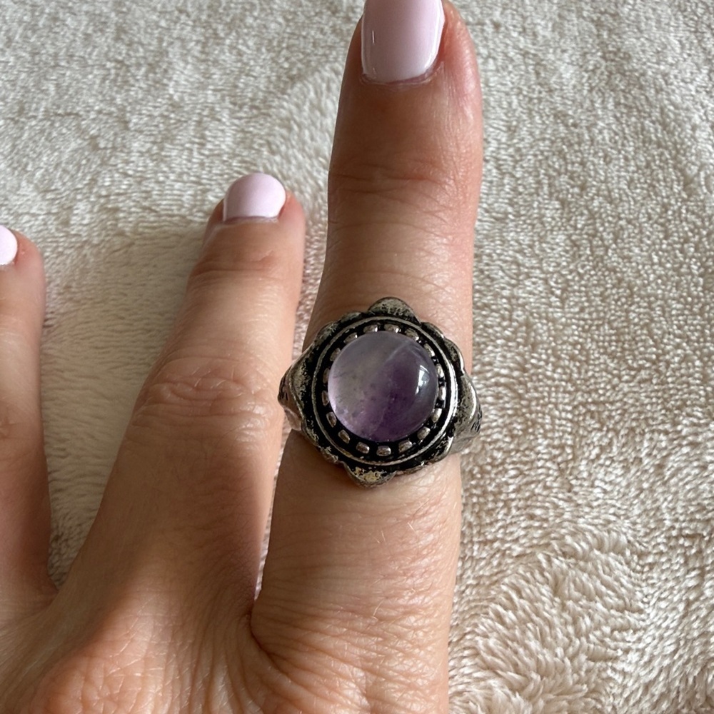 Silver-Tone Amethyst Cabochon Statement Ring - Purple - Picture 2 of 4